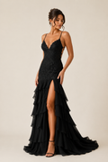 Black - Spaghetti Straps Mermaid Lace Appliqued Prom Dresses With Ruffles