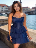 Navy Blue - Strapless A Line Chiffon Beaded Homecoming Dress With Ruffles