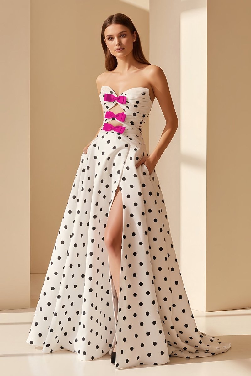 Black-White Sweetheart A Line Polka Dots Satin Long Formal Prom Dresses With Bow