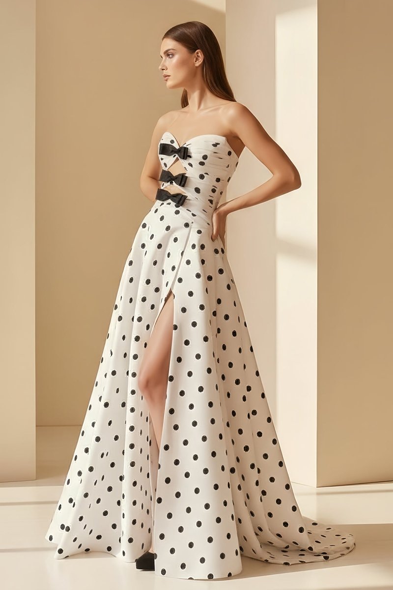 Black-White Sweetheart A Line Polka Dots Satin Long Formal Prom Dresses With Bow