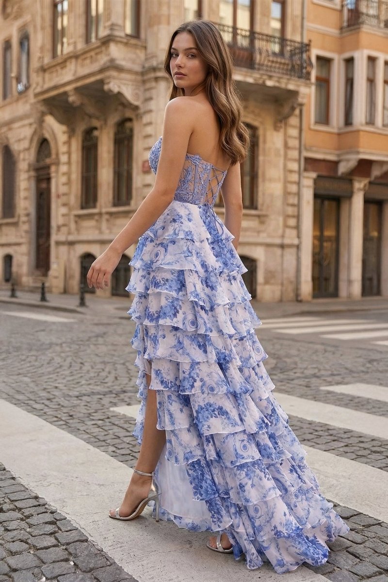 Blue Sweetheart A Line Floral Chiffon Ruffled Formal Prom Dresses With Appliques