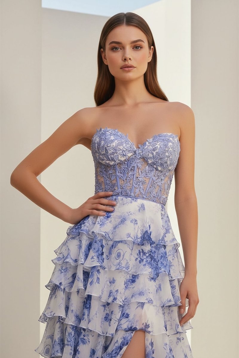 Blue Sweetheart A Line Floral Chiffon Ruffled Formal Prom Dresses With Appliques