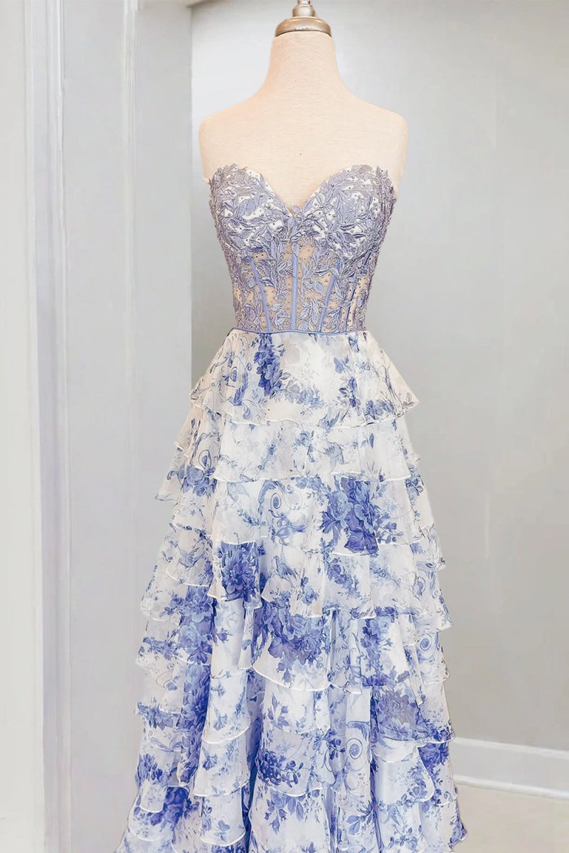 Blue Sweetheart A Line Floral Chiffon Ruffled Formal Prom Dresses With Appliques