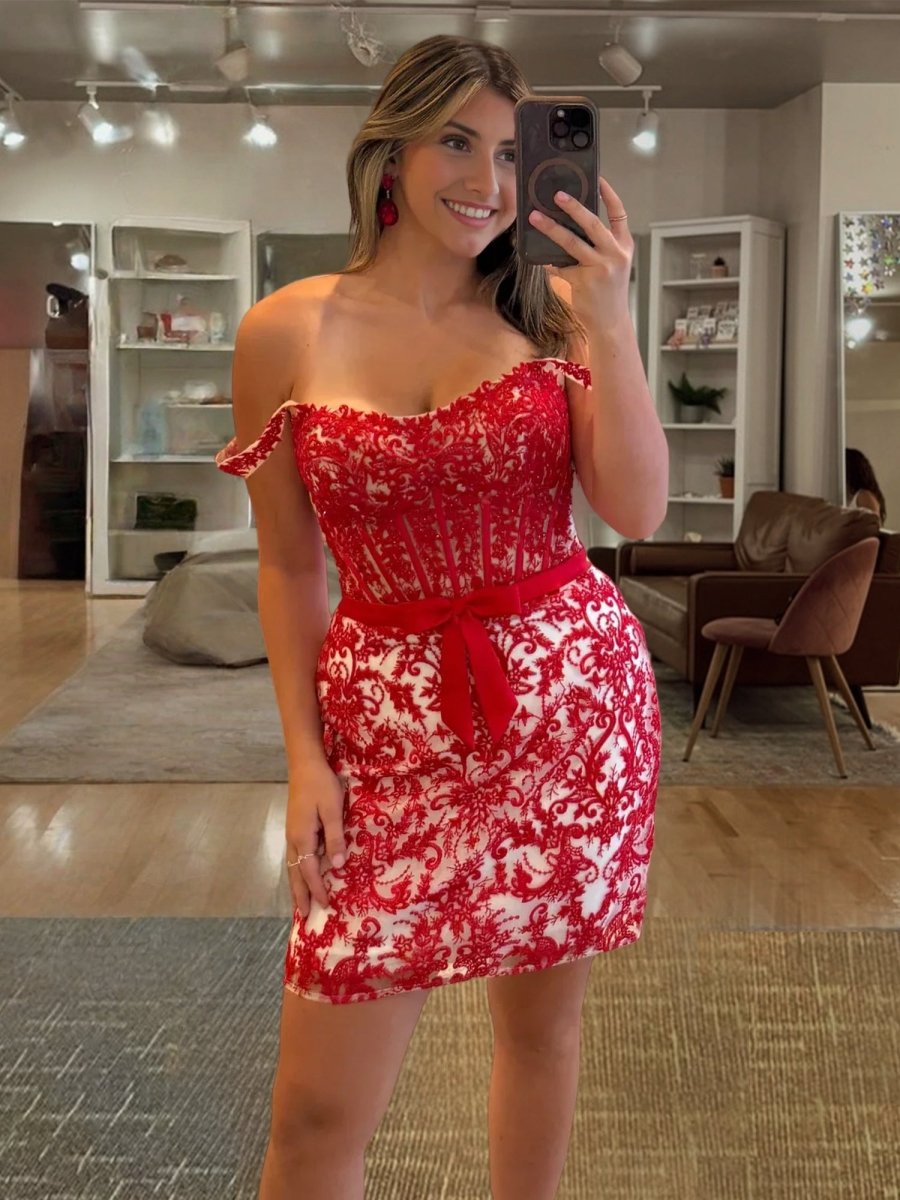 Red - Bodycon Off the Shoulder Beaded Appliques Homecoming Dresses with Bow