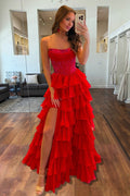 Red - A Line Strapless Chiffon Beaded Corset Long Prom Dress With Slit