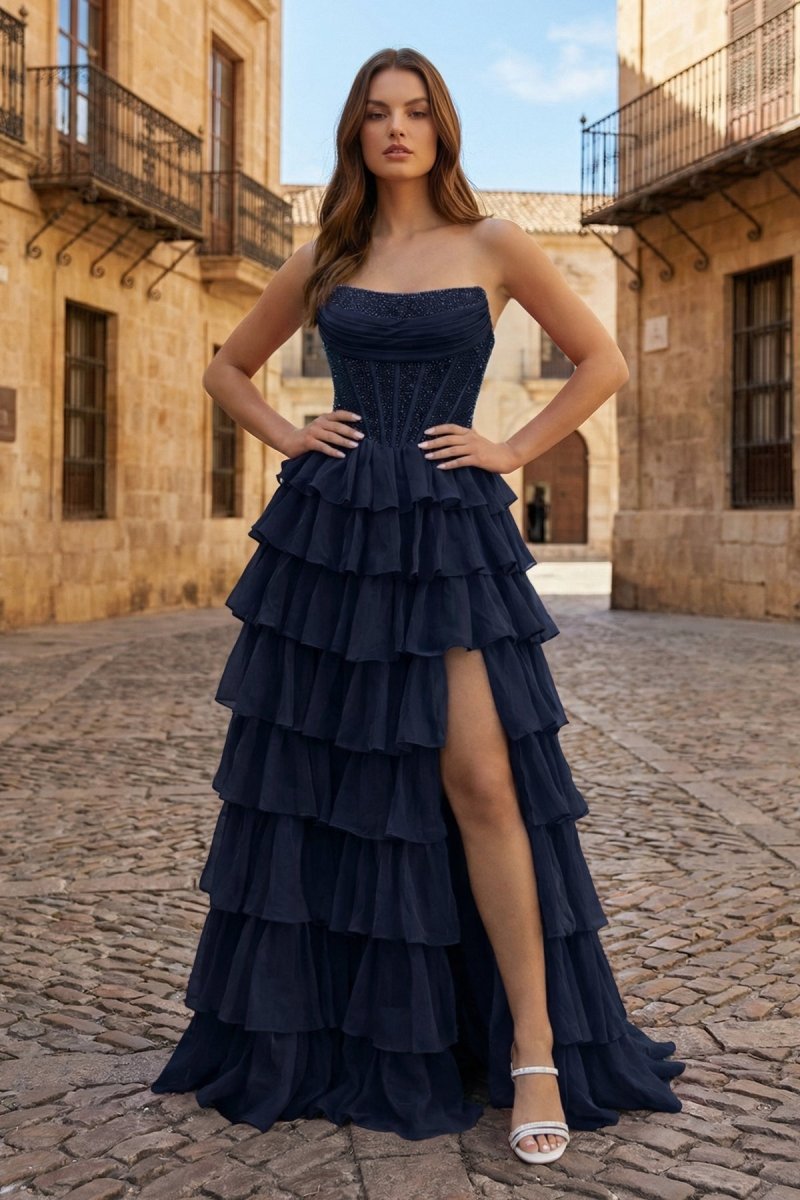 Navy Blue - A Line Strapless Chiffon Beaded Corset Long Prom Dress With Slit