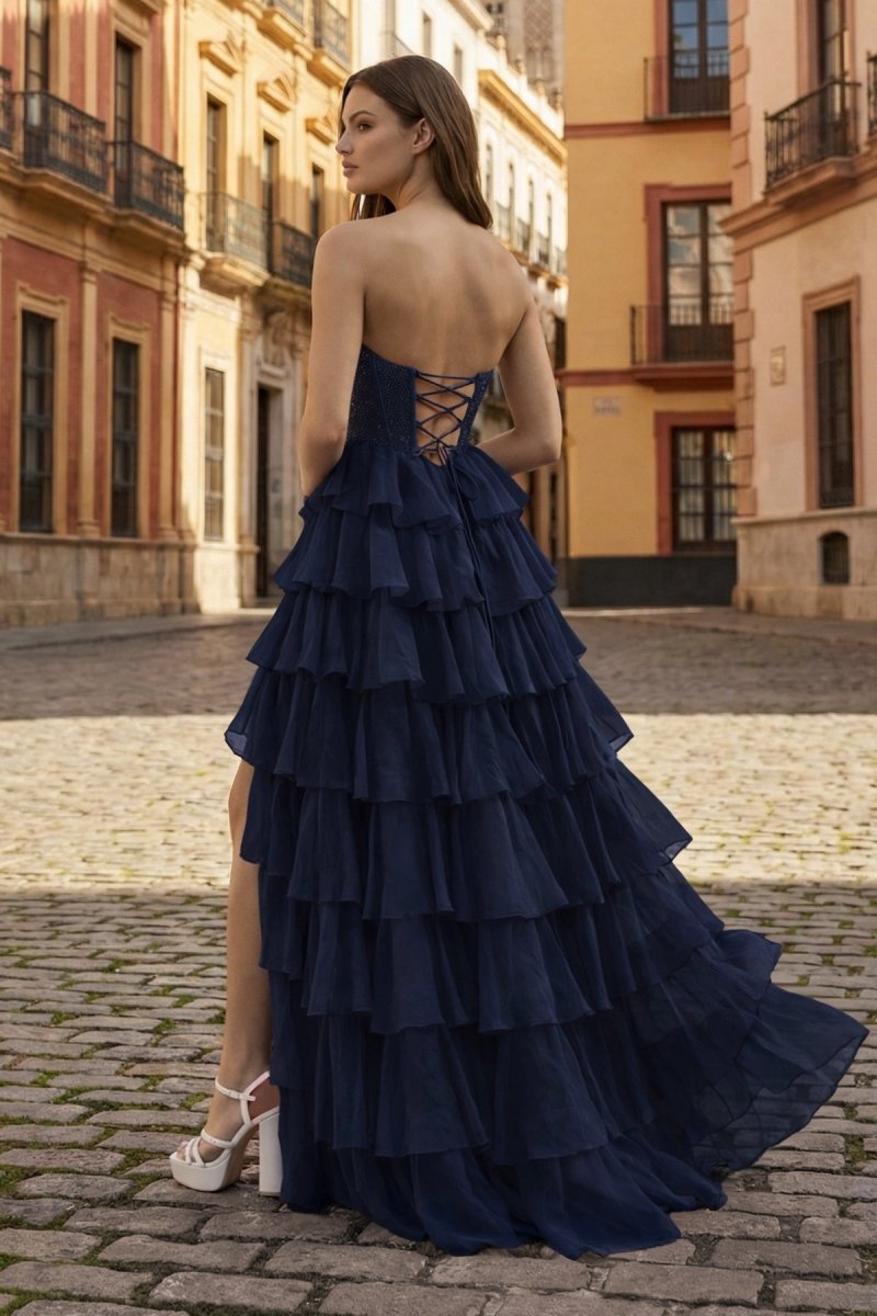 Navy Blue - A Line Strapless Chiffon Beaded Corset Long Prom Dress With Slit