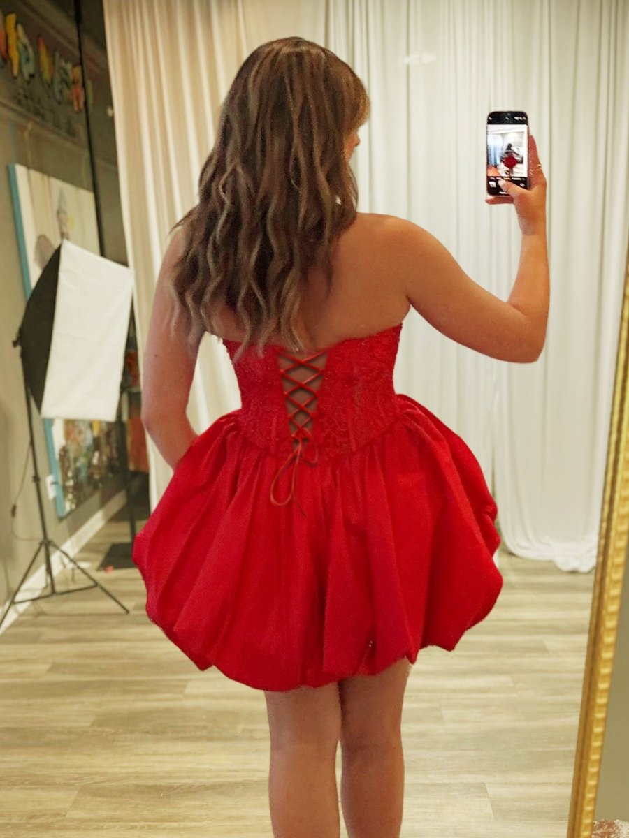Red - A Line Strapless Corset Beaded Bubble Hem Homecoming Dress with Choker