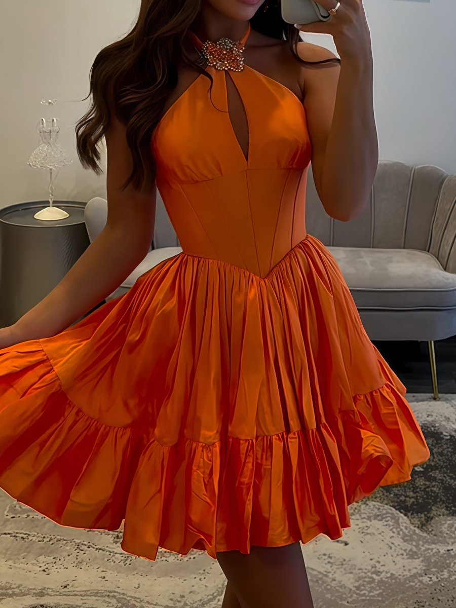Orange - Halter A Line Ruffled Short Homecoming Dress With Beading