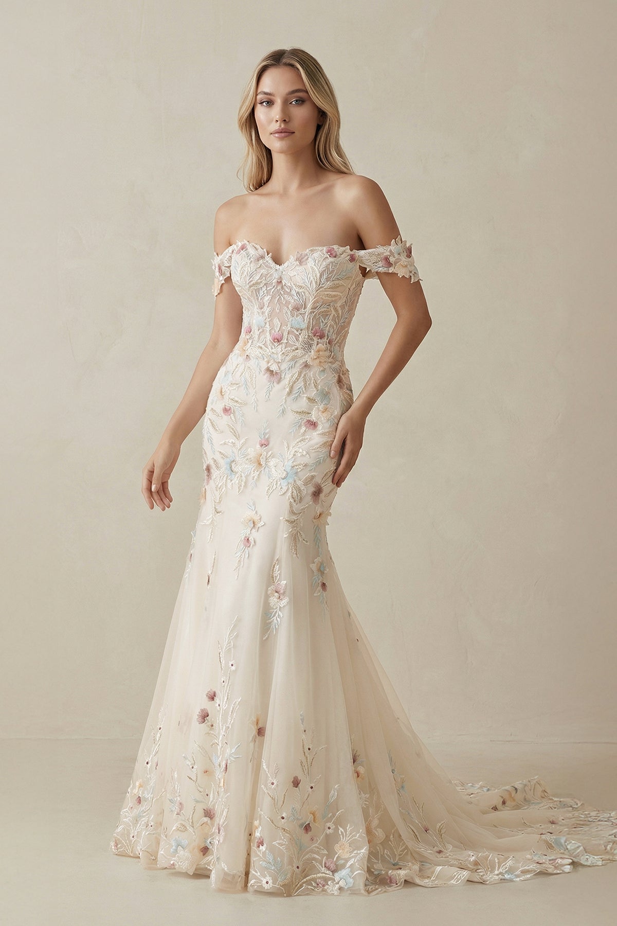 Mermaid Off The Shoulder Tulle Wedding Dress in Champagne