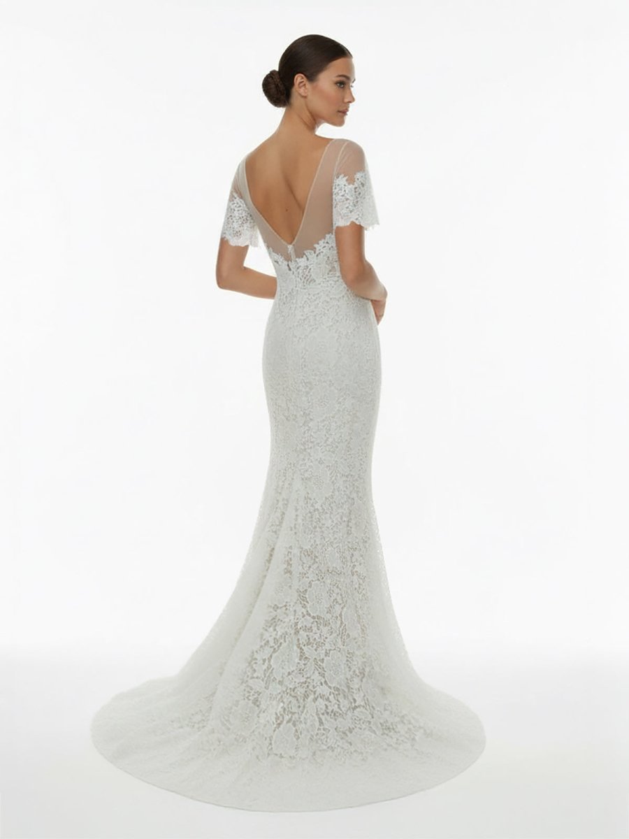 Mermaid Scoop Illusion Neck Floral Wedding Dress