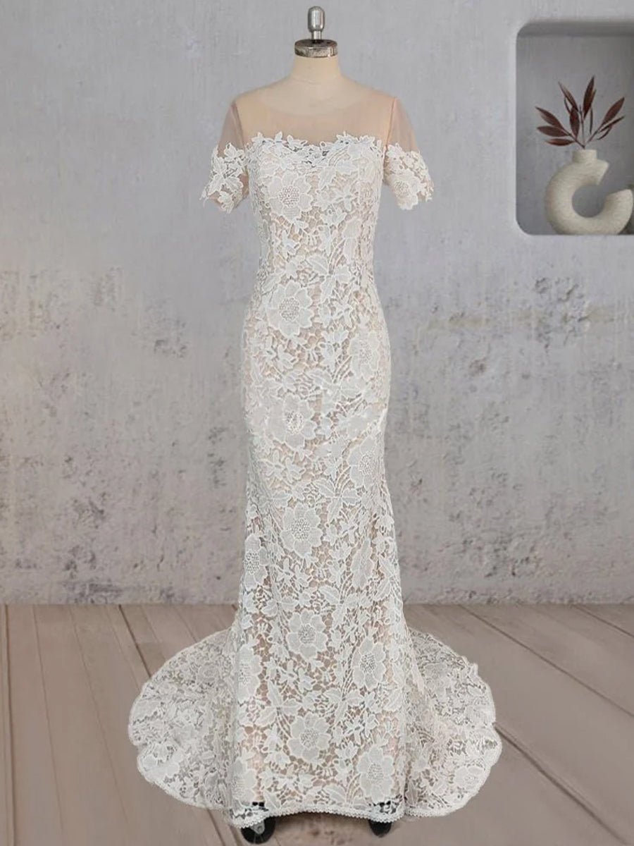 Mermaid Scoop Illusion Neck Floral Wedding Dress
