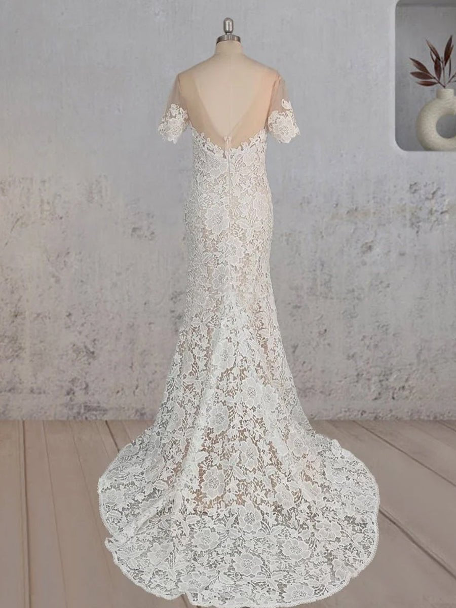 Mermaid Scoop Illusion Neck Floral Wedding Dress
