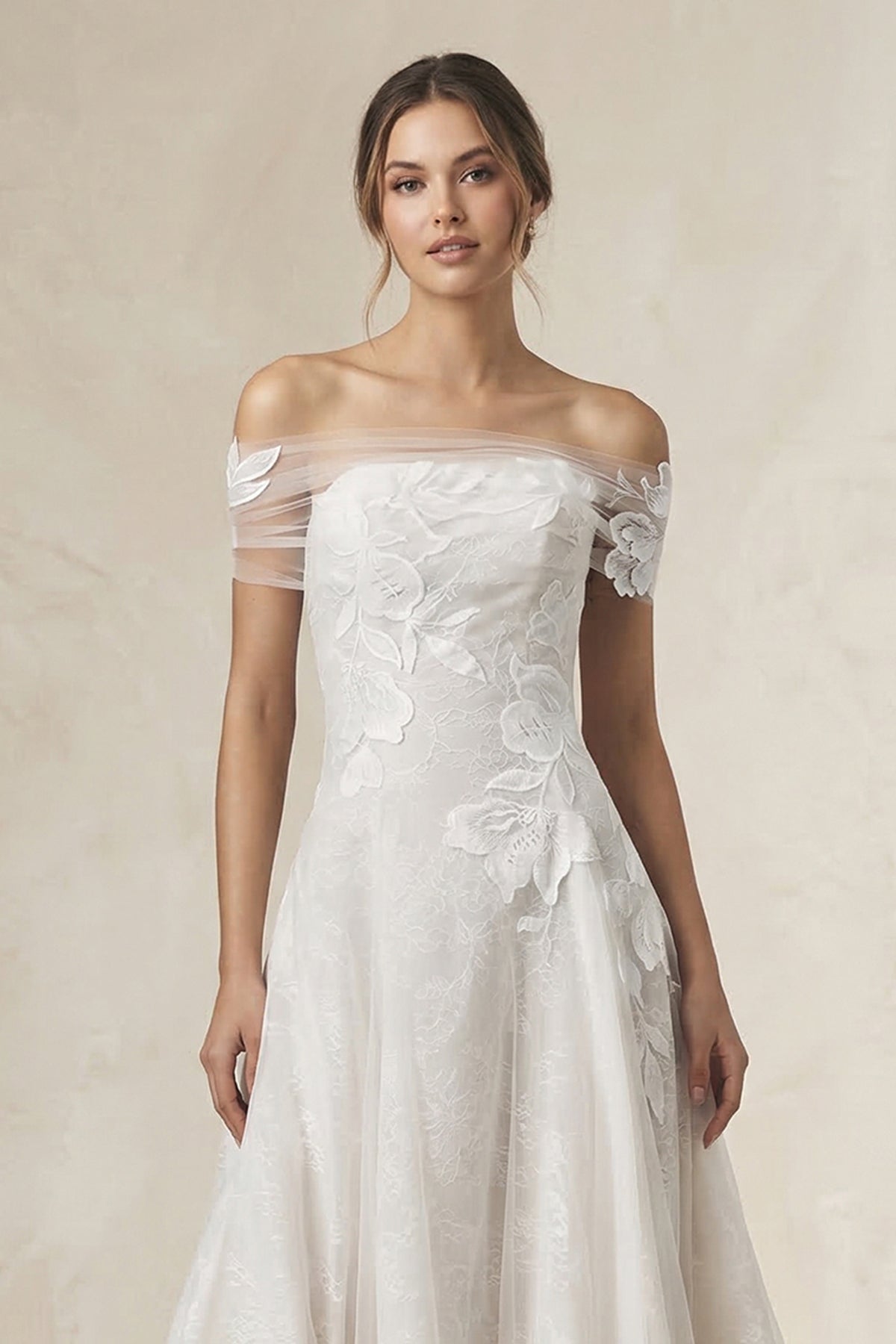 Off-the-Shoulder Appliqued A-Line Wedding Dress in White