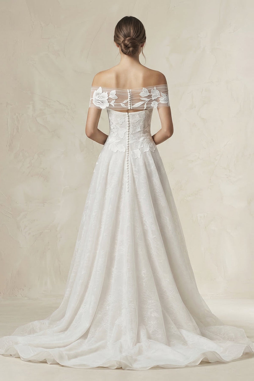 Off-the-Shoulder Appliqued A-Line Wedding Dress in White