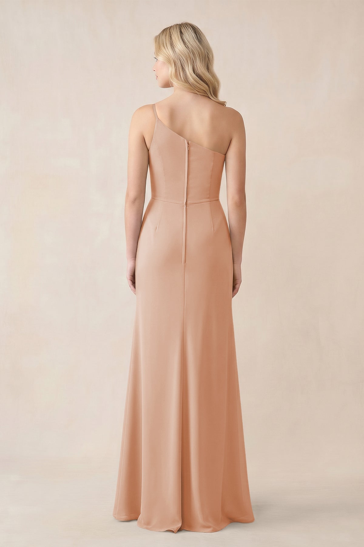 One-Shoulder Sheath Chiffon Ruched Bridesmaid Dress in Champagne Rose
