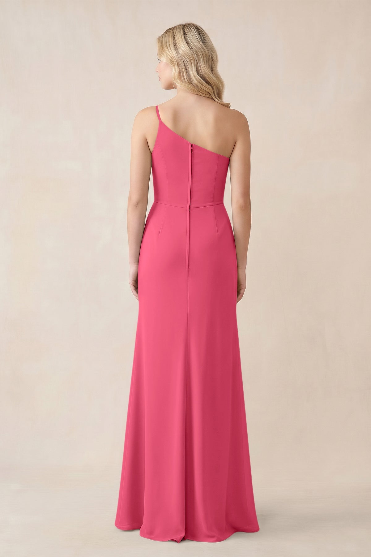 One-Shoulder Sheath Chiffon Ruched Bridesmaid Dress in Fuchsia