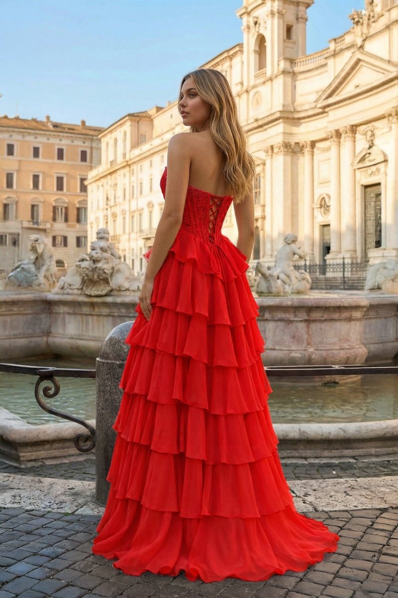 Red - Sweetheart A Line Chiffon Ruffled Prom Dresses With Appliques