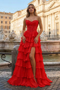 Red - Sweetheart A Line Chiffon Ruffled Prom Dresses With Appliques