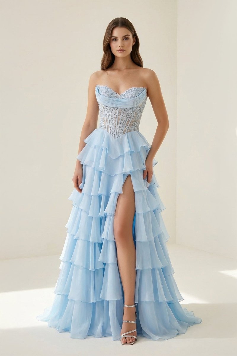 Sky Blue - Sweetheart A Line Chiffon Ruffled Prom Dresses With Appliques