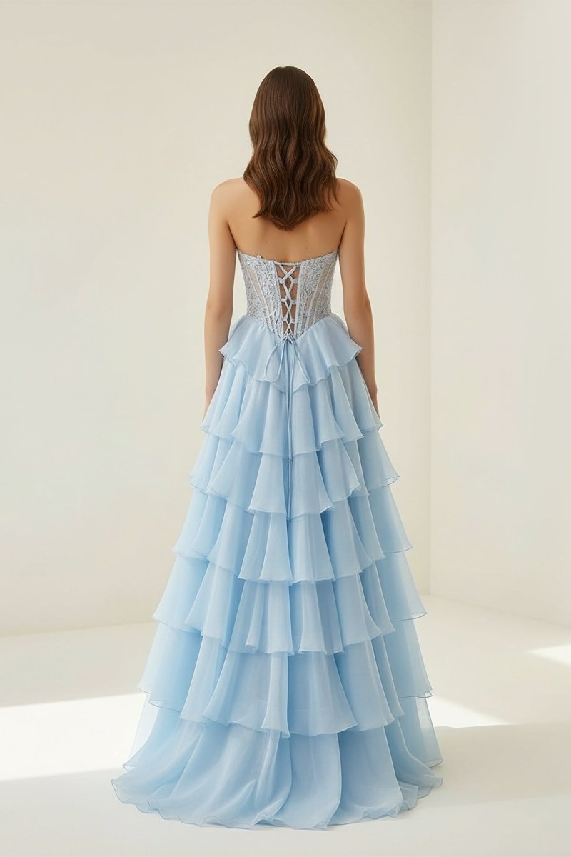 Sky Blue - Sweetheart A Line Chiffon Ruffled Prom Dresses With Appliques