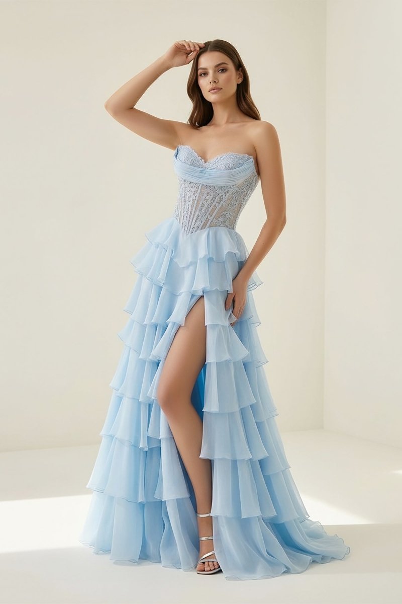 Sky Blue - Sweetheart A Line Chiffon Ruffled Prom Dresses With Appliques