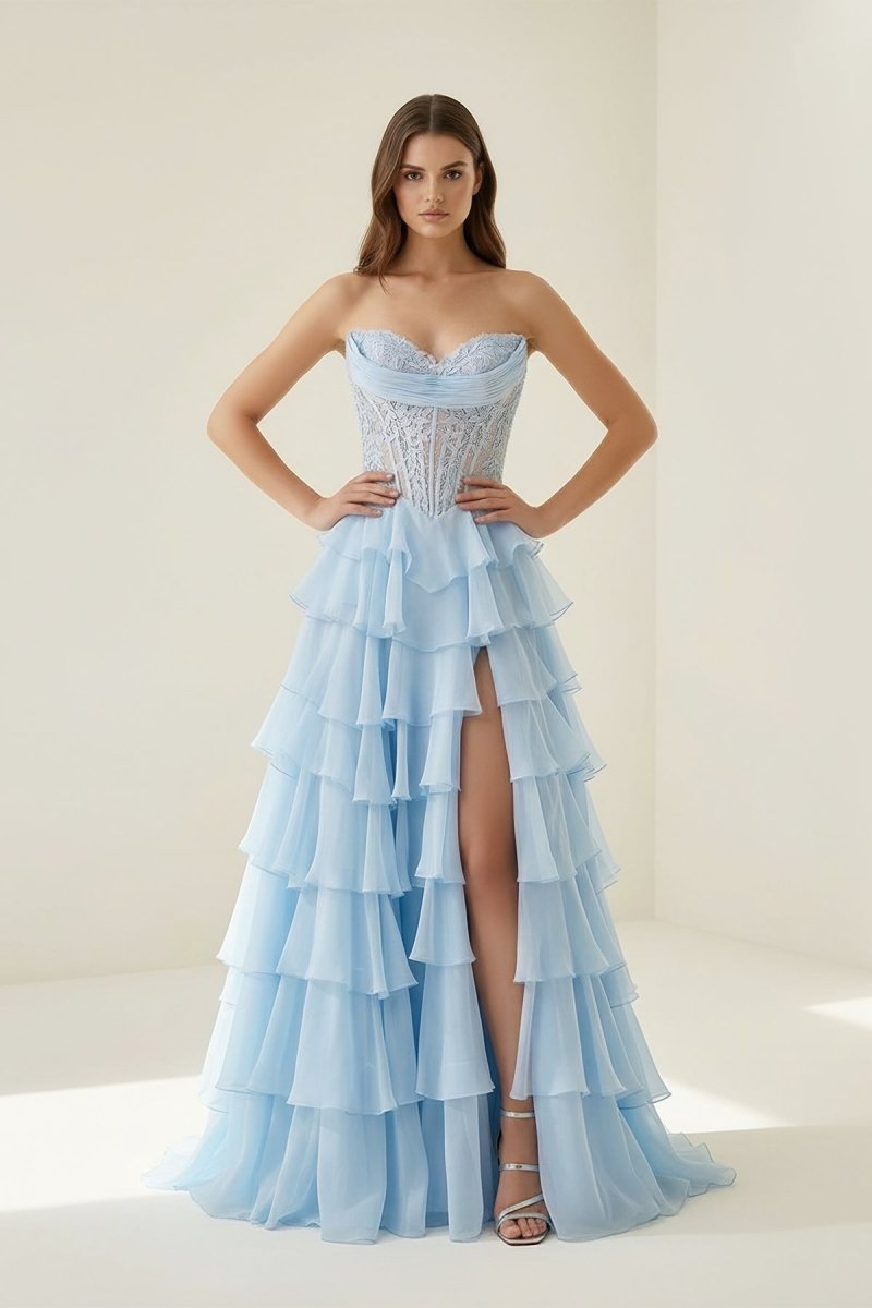 Sky Blue - Sweetheart A Line Chiffon Ruffled Prom Dresses With Appliques