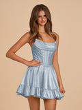 Sky Blue - A Line Scoop Neck Satin Corset Ruffled Homecoming Dresses With Beadings