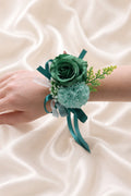 Silk Roses Artificial Bridesmaid Wrist Corsage in Dark Green