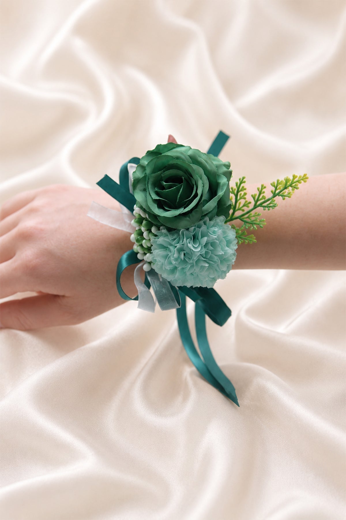 Silk Roses Artificial Bridesmaid Wrist Corsage in Dark Green