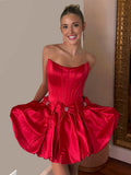 Red - Strapless A Line Satin Short Homecoming Dresses With Bow